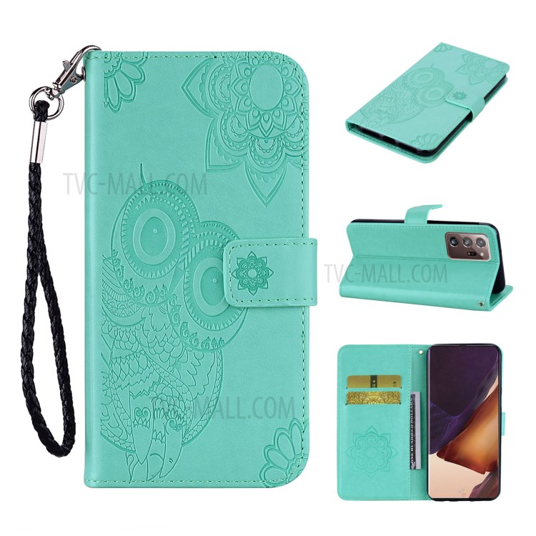 Imprint Owl Flower Leather Wallet Stand Shell for Samsung Galaxy Note20 Ultra 5G / Galaxy Note20 Ultra - Cyan-1