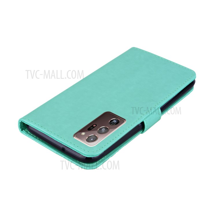 Imprint Owl Flower Leather Wallet Stand Shell for Samsung Galaxy Note20 Ultra 5G / Galaxy Note20 Ultra - Cyan-5