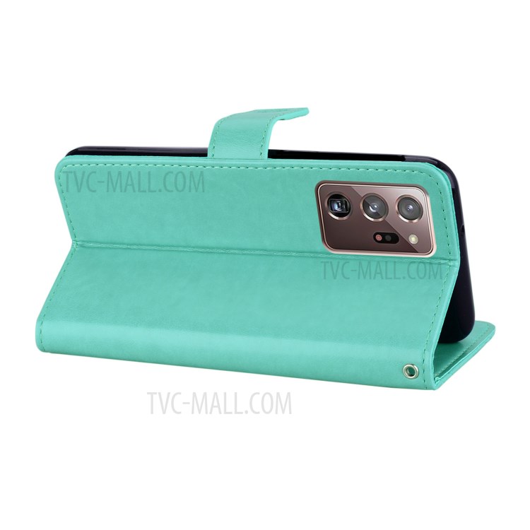 Imprint Owl Flower Leather Wallet Stand Shell for Samsung Galaxy Note20 Ultra 5G / Galaxy Note20 Ultra - Cyan-6