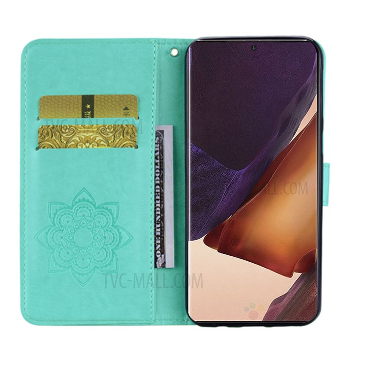 Imprint Owl Flower Leather Wallet Stand Shell for Samsung Galaxy Note20 Ultra 5G / Galaxy Note20 Ultra - Cyan-7