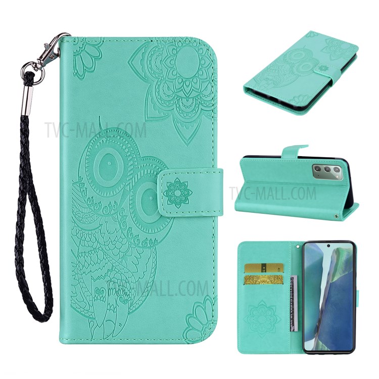 Imprint Owl Flower Leather Wallet Stand Shell for Samsung Galaxy Note 20 5G / Galaxy Note 20 - Cyan-1