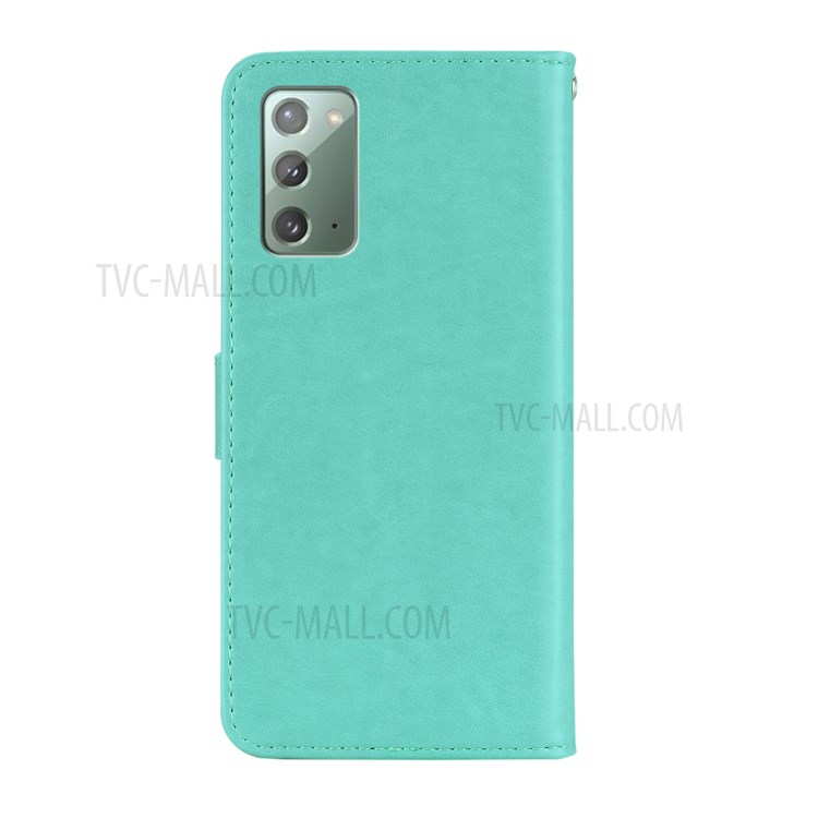 Imprint Owl Flower Leather Wallet Stand Shell for Samsung Galaxy Note 20 5G / Galaxy Note 20 - Cyan-4