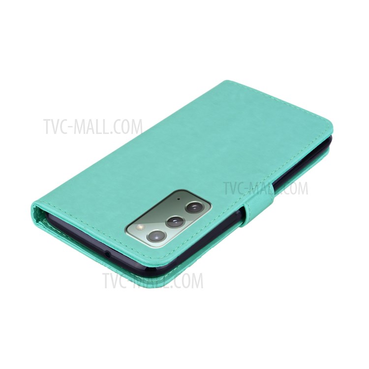 Imprint Owl Flower Leather Wallet Stand Shell for Samsung Galaxy Note 20 5G / Galaxy Note 20 - Cyan-5