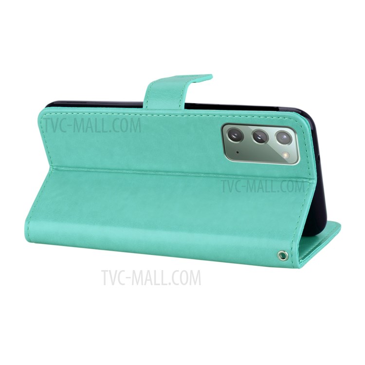 Imprint Owl Flower Leather Wallet Stand Shell for Samsung Galaxy Note 20 5G / Galaxy Note 20 - Cyan-6