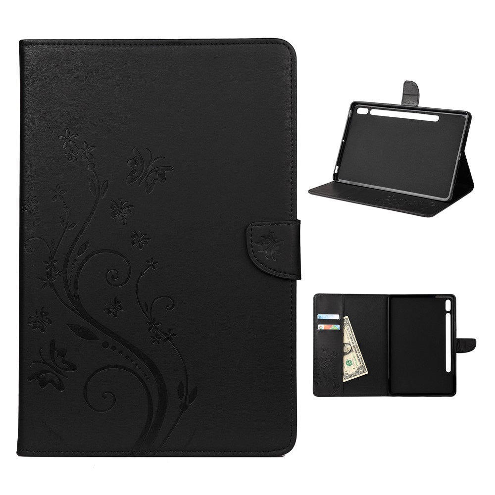 Imprint Butterfly Flower Wallet Stand Leather Case for Samsung Galaxy Tab S7 - Black-1