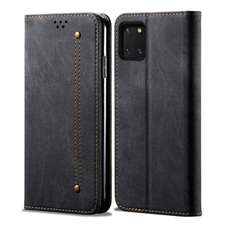 Non-magnetic Jeans Cloth Skin Leather with Wallet Shell for Samsung Galaxy A81/Note 10 Lite/M60s - Black-1