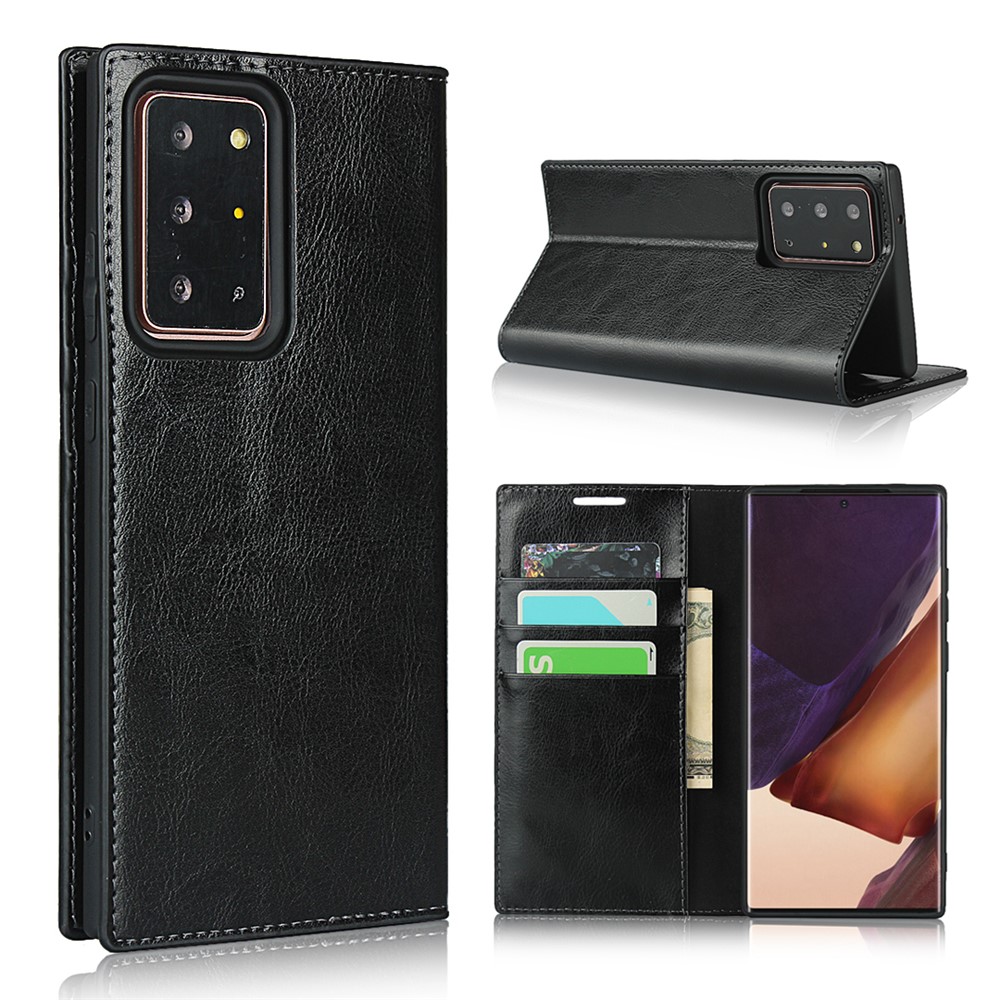 Crazy Horse Genuine Leather Wallet Cover Case for Samsung Galaxy Note20 Ultra/Note20 Ultra 5G - Black-1