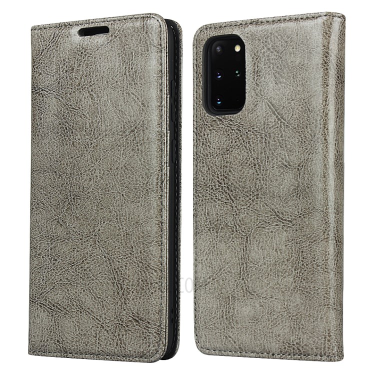 Crazy Horse Genuine Leather Wallet Shell Case for Samsung Galaxy S20 Plus - Grey-1