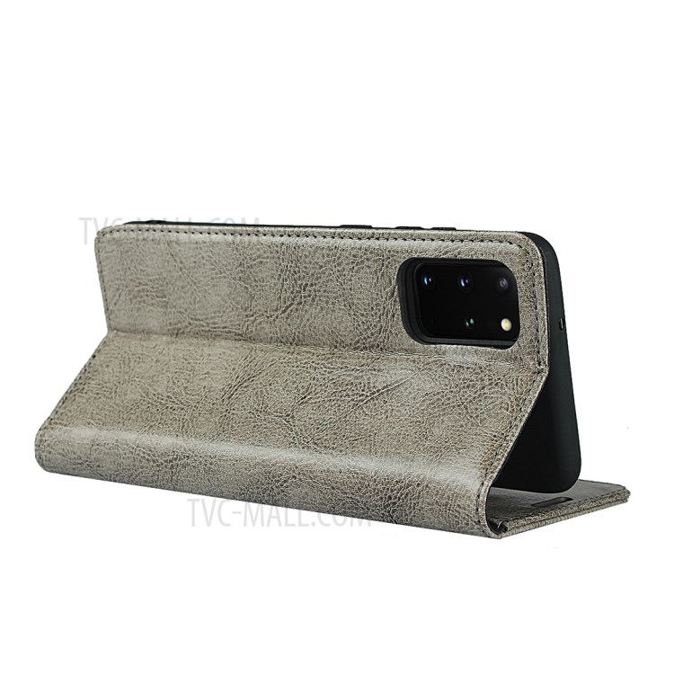 Crazy Horse Genuine Leather Wallet Shell Case for Samsung Galaxy S20 Plus - Grey-5