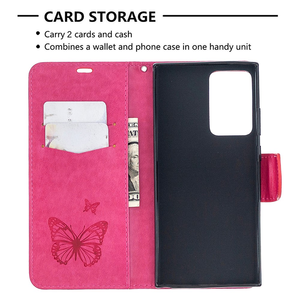 Imprint Butterflies Wallet Stand Flip Leather Phone Shell for Samsung Galaxy Note20 Ultra/Note20 Ultra 5G - Rose-8