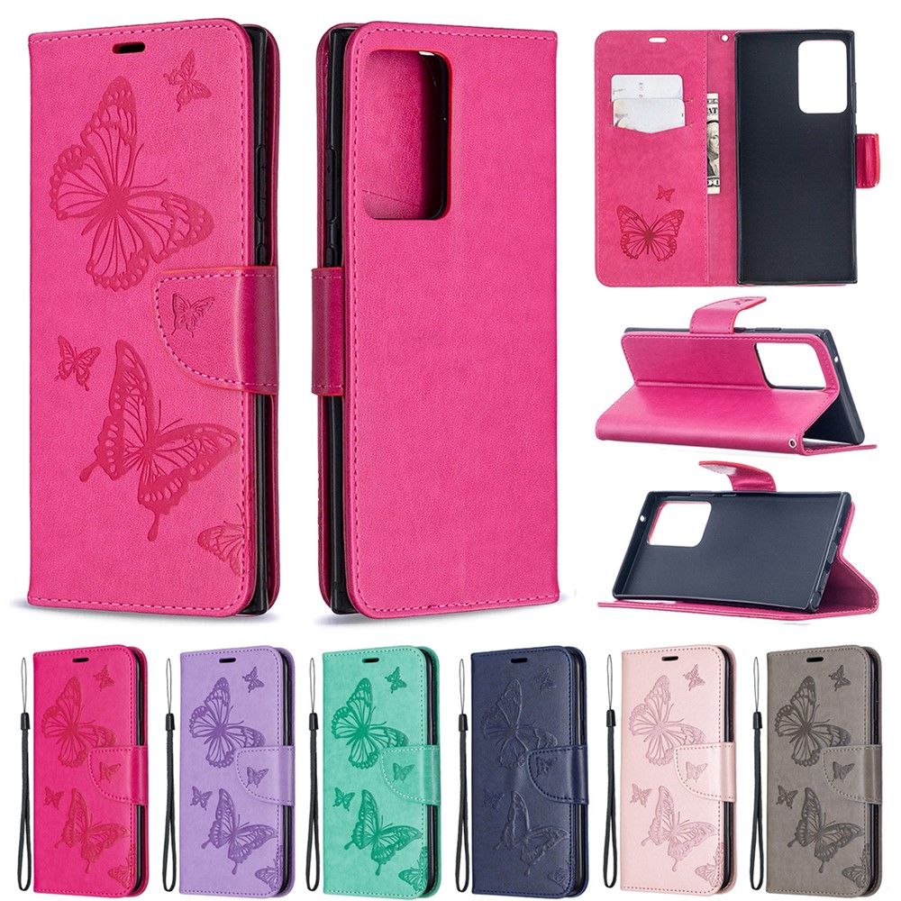 Imprint Butterflies Wallet Stand Flip Leather Phone Shell for Samsung Galaxy Note20 Ultra/Note20 Ultra 5G - Rose-9