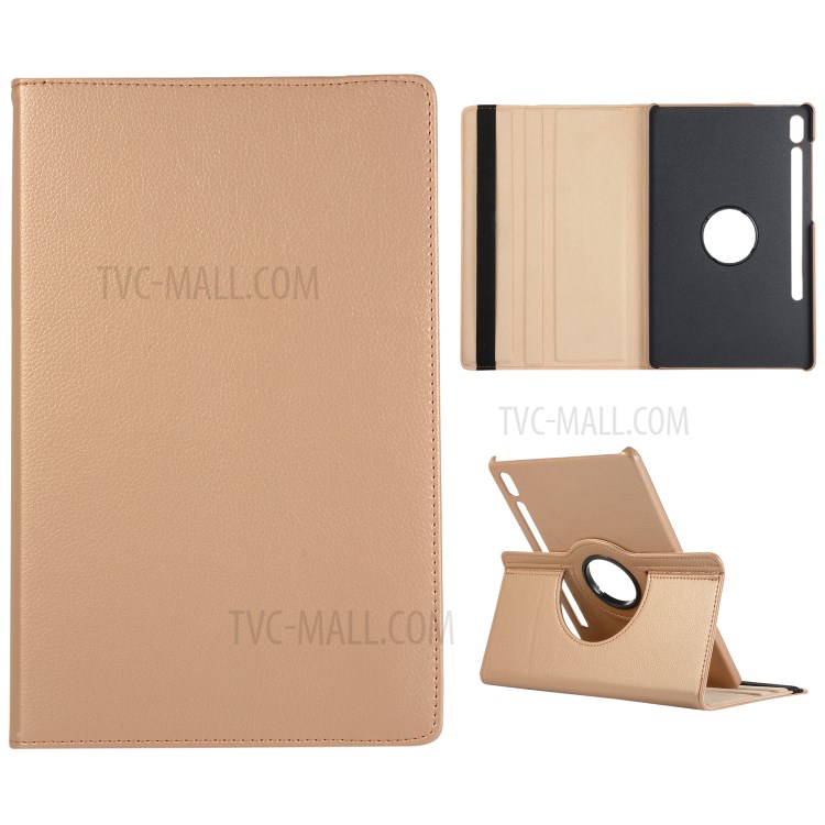 Litchi Skin Leather Shell Case with Rotating Stand for Samsung Galaxy Tab S7 Plus - Gold-1