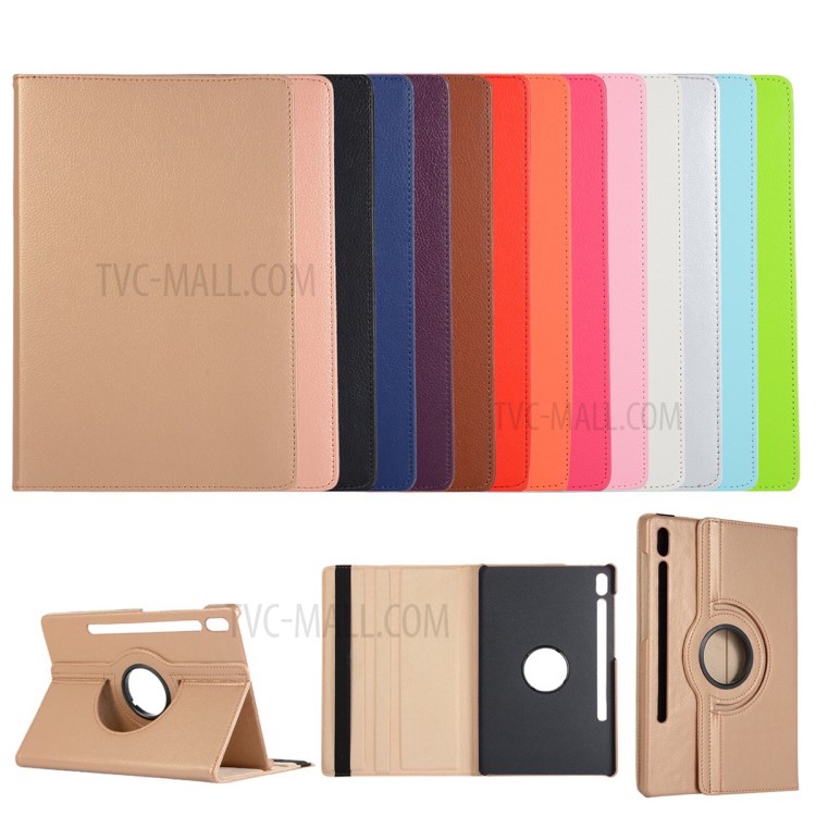 Litchi Skin Leather Shell Case with Rotating Stand for Samsung Galaxy Tab S7 Plus - Gold-13