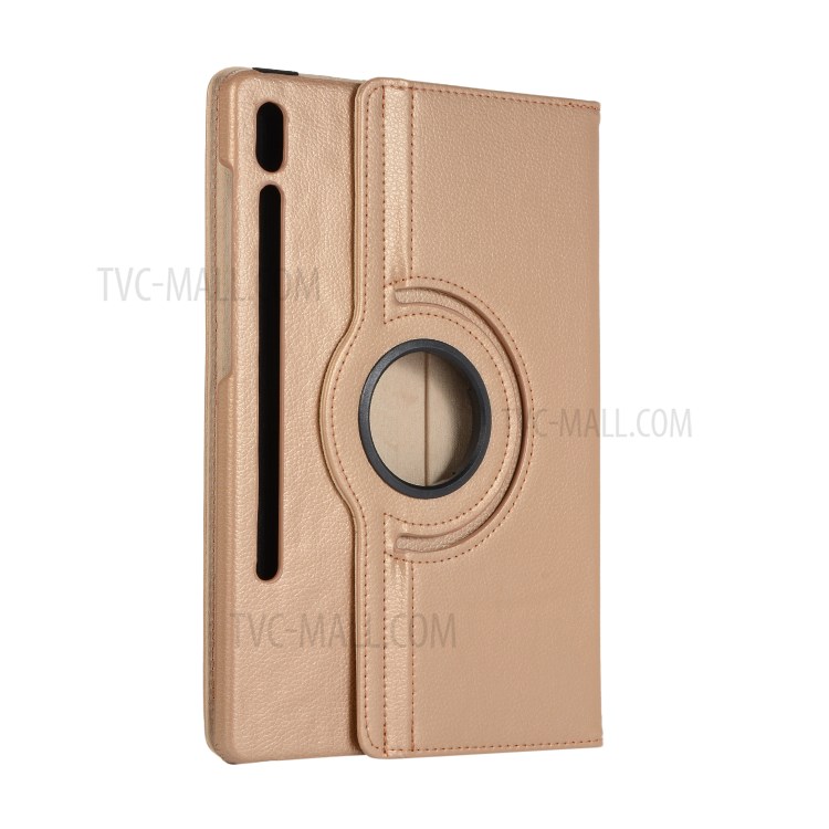 Litchi Skin Leather Shell Case with Rotating Stand for Samsung Galaxy Tab S7 Plus - Gold-3