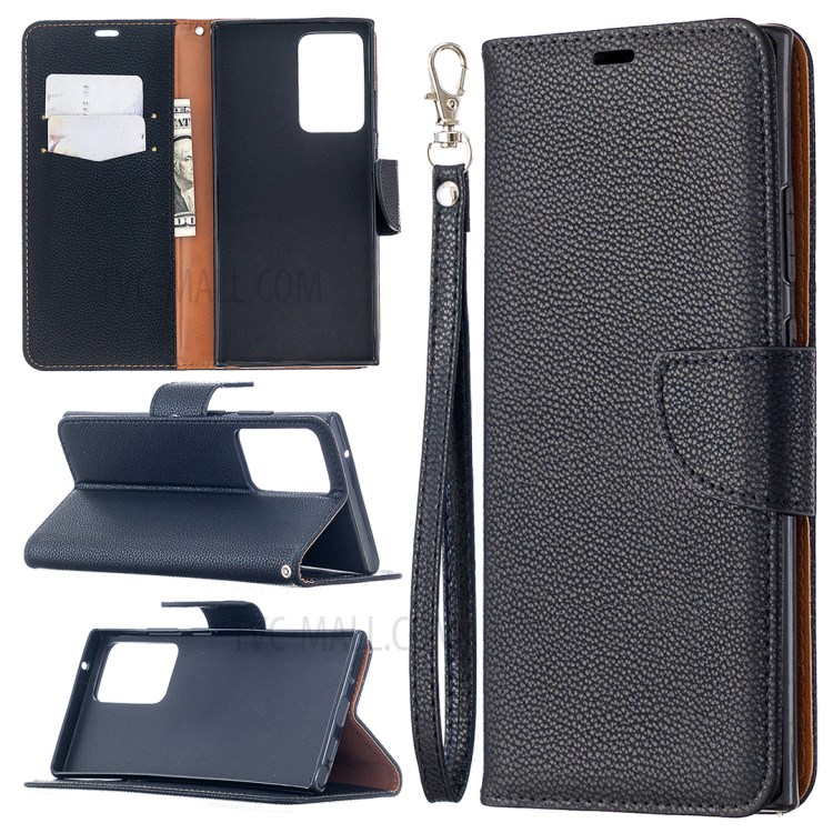 Litchi Texture Pure Color Leather Shell with Strap for Samsung Galaxy Note20 Ultra/Note20 Ultra 5G - Black-1