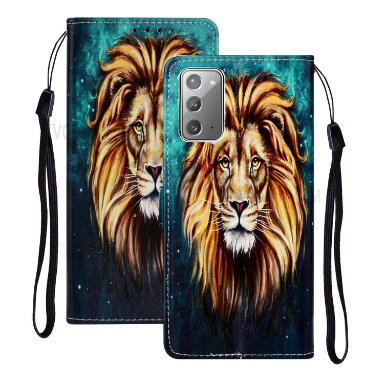 Embossed Patterned Wallet Stand Leather Phone Shell with Strap for Samsung Galaxy Note 20/Note 20 5G - Lion-1