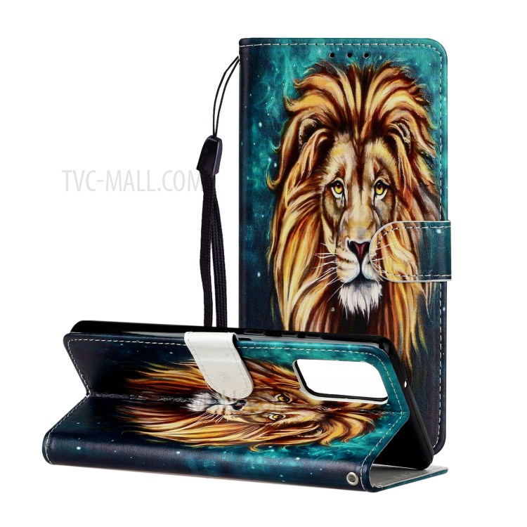 Embossed Patterned Wallet Stand Leather Phone Shell with Strap for Samsung Galaxy Note 20/Note 20 5G - Lion-2