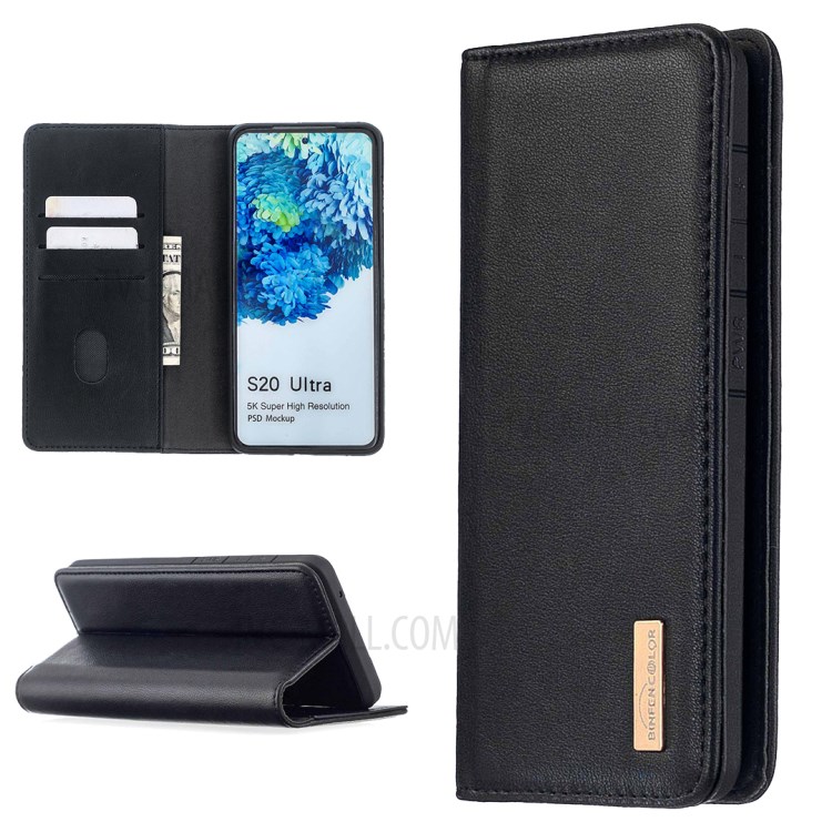 Detachable 2-in-1 Genuine Leather Wallet Stand Case for Samsung Galaxy S20 Ultra - Black-1