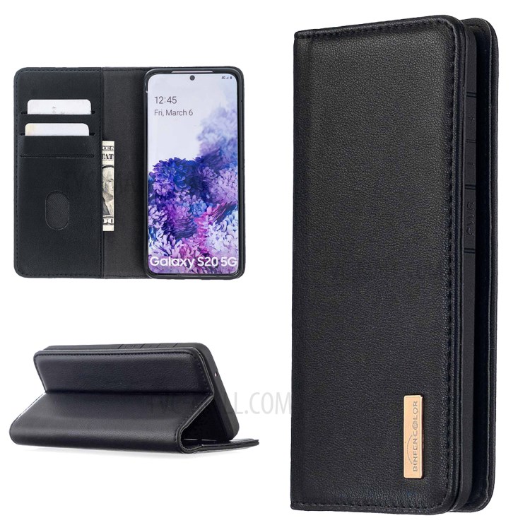 Detachable 2-in-1 Genuine Leather Wallet Stand Case for Samsung Galaxy S20 - Black-1