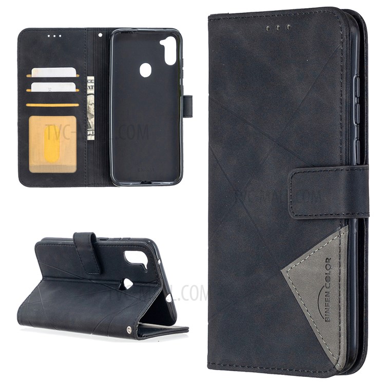 BF05 Geometric Texture Leather Wallet Stand Case Protector for Samsung Galaxy A11/M11 - Black-1