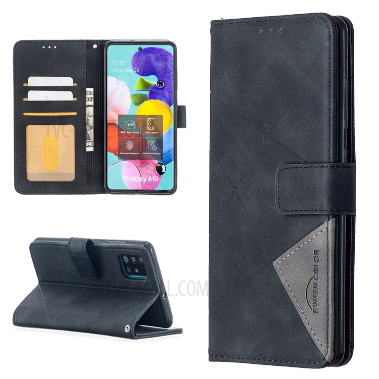 BF05 Geometric Texture Wallet Stand Leather Case for Samsung Galaxy A51 SM-A515 - Black-1