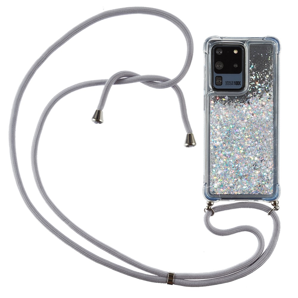 Glitter Powder Quicksand TPU Back Case with Lanyard for Samsung Galaxy S20 Ultra - White-1