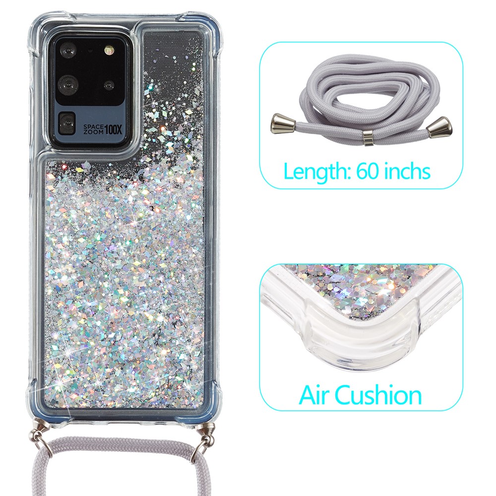 Glitter Powder Quicksand TPU Back Case with Lanyard for Samsung Galaxy S20 Ultra - White-2