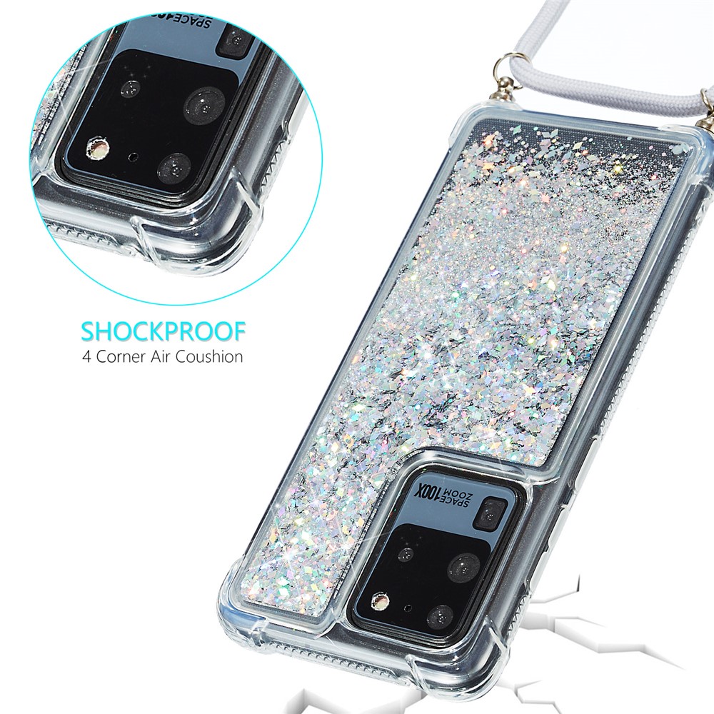 Glitter Powder Quicksand TPU Back Case with Lanyard for Samsung Galaxy S20 Ultra - White-4