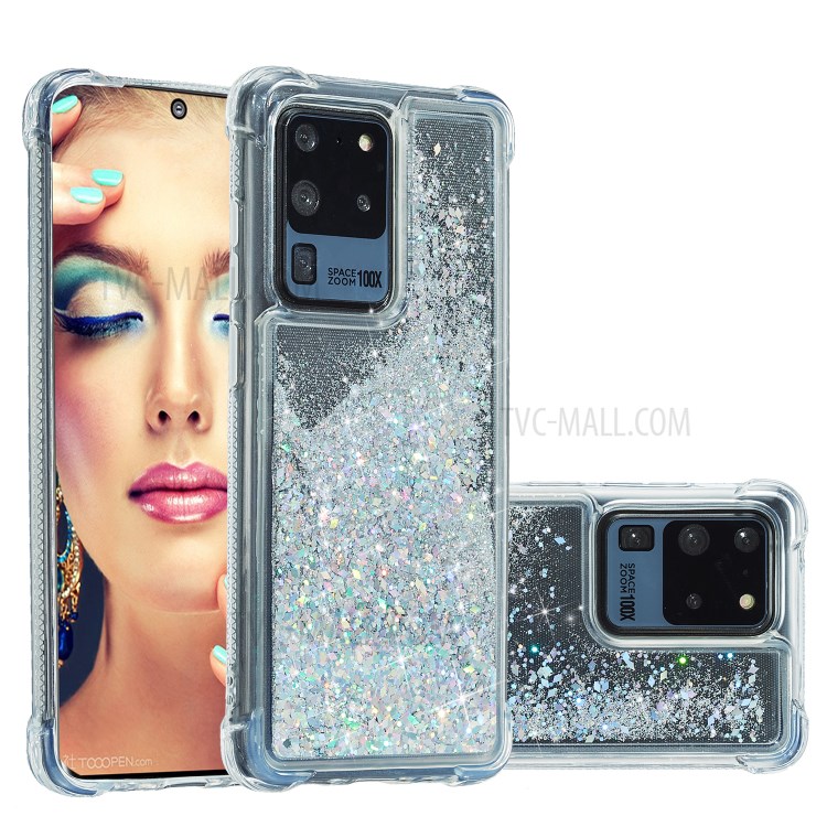 Glitter Powder Quicksand Rhinestone Decor Kickstand TPU Phone Cover for Samsung Galaxy S20 Ultra - Silver-2