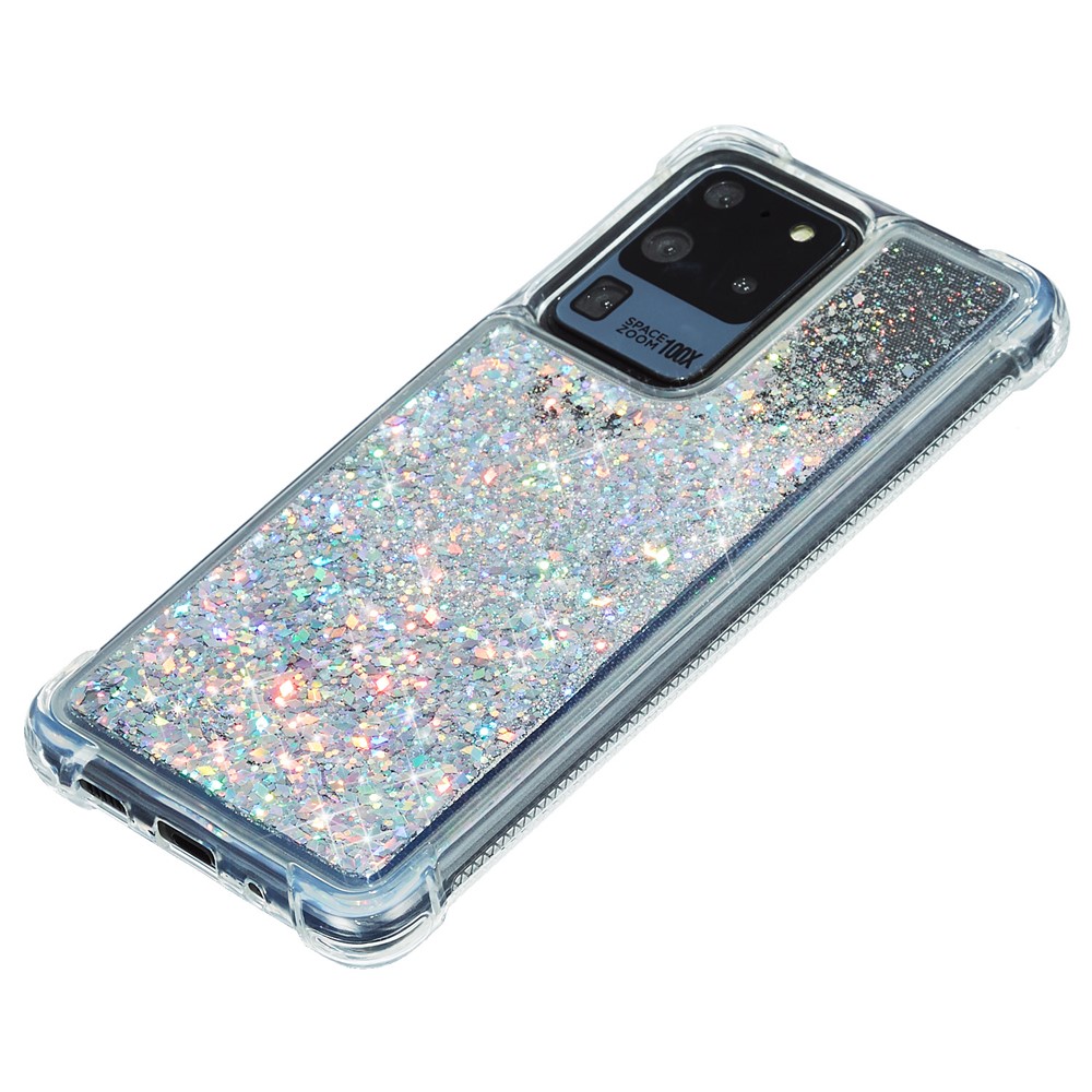 Glitter Powder Quicksand Rhinestone Decor Kickstand TPU Phone Cover for Samsung Galaxy S20 Ultra - Silver-7