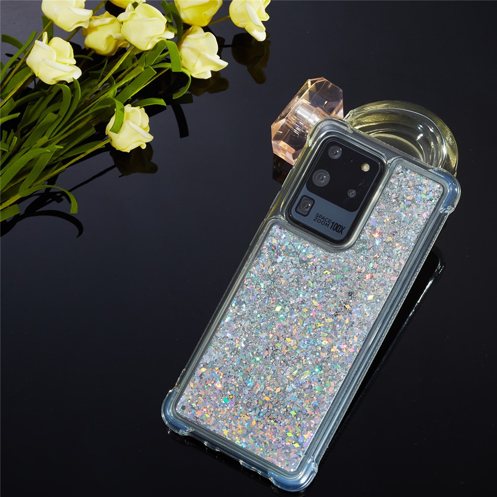 Glitter Powder Quicksand Rhinestone Decor Kickstand TPU Phone Cover for Samsung Galaxy S20 Ultra - Silver-8