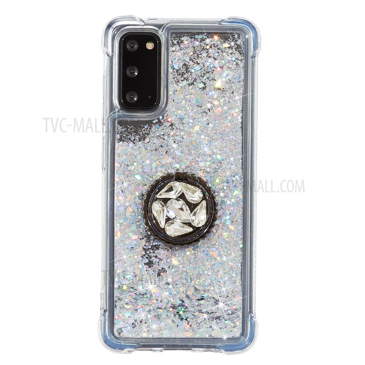 Glitter Powder Quicksand Rhinestone Decor Kickstand TPU Phone Cover for Samsung Galaxy S20 - Silver-1