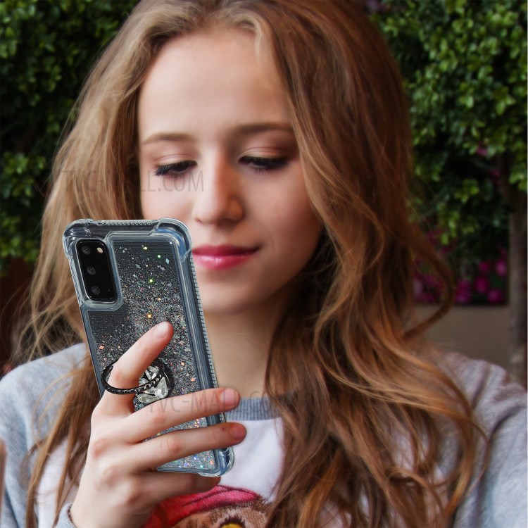 Glitter Powder Quicksand Rhinestone Decor Kickstand TPU Phone Cover for Samsung Galaxy S20 - Silver-6