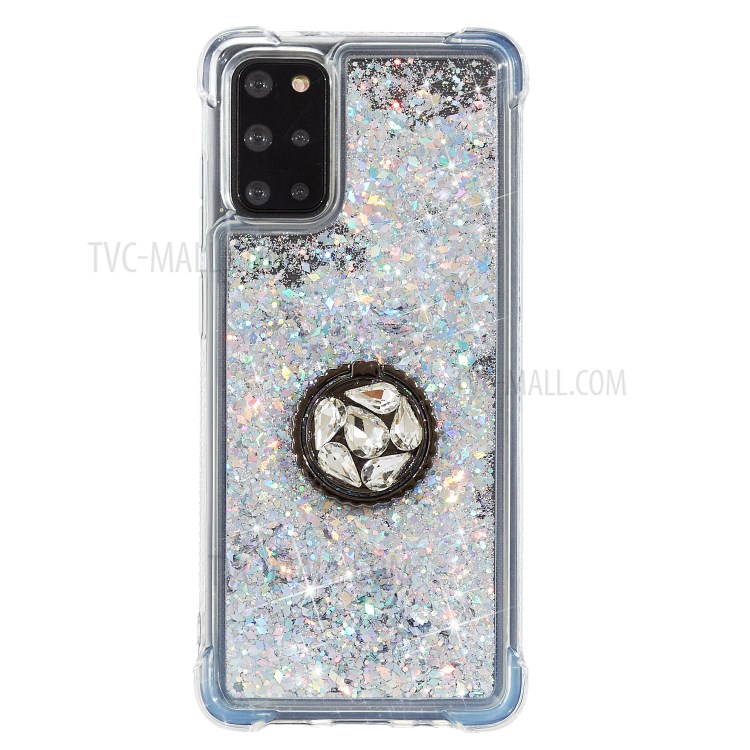 Glitter Powder Quicksand Rhinestone Decor Kickstand TPU Phone Cover for Samsung Galaxy S20 Plus - Silver-1