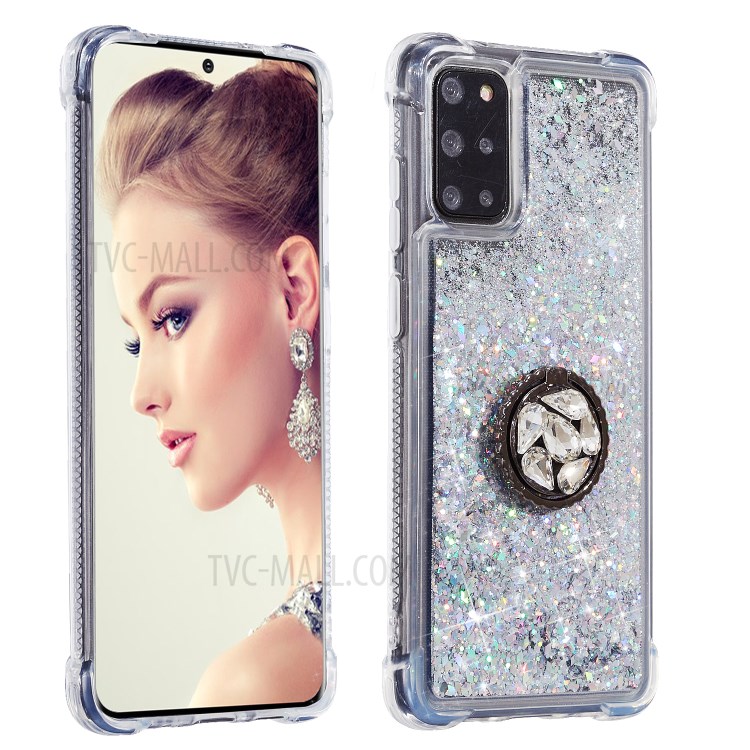 Glitter Powder Quicksand Rhinestone Decor Kickstand TPU Phone Cover for Samsung Galaxy S20 Plus - Silver-2