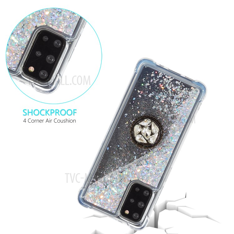 Glitter Powder Quicksand Rhinestone Decor Kickstand TPU Phone Cover for Samsung Galaxy S20 Plus - Silver-8