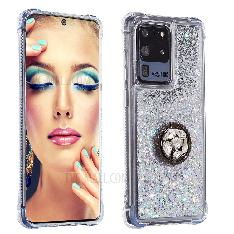 Glitter Powder Quicksand Rhinestone Decor Kickstand TPU Phone Cover for Samsung Galaxy S20 Ultra - Silver-2