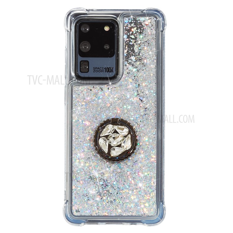 Glitter Powder Quicksand Rhinestone Decor Kickstand TPU Phone Cover for Samsung Galaxy S20 Ultra - Silver-3