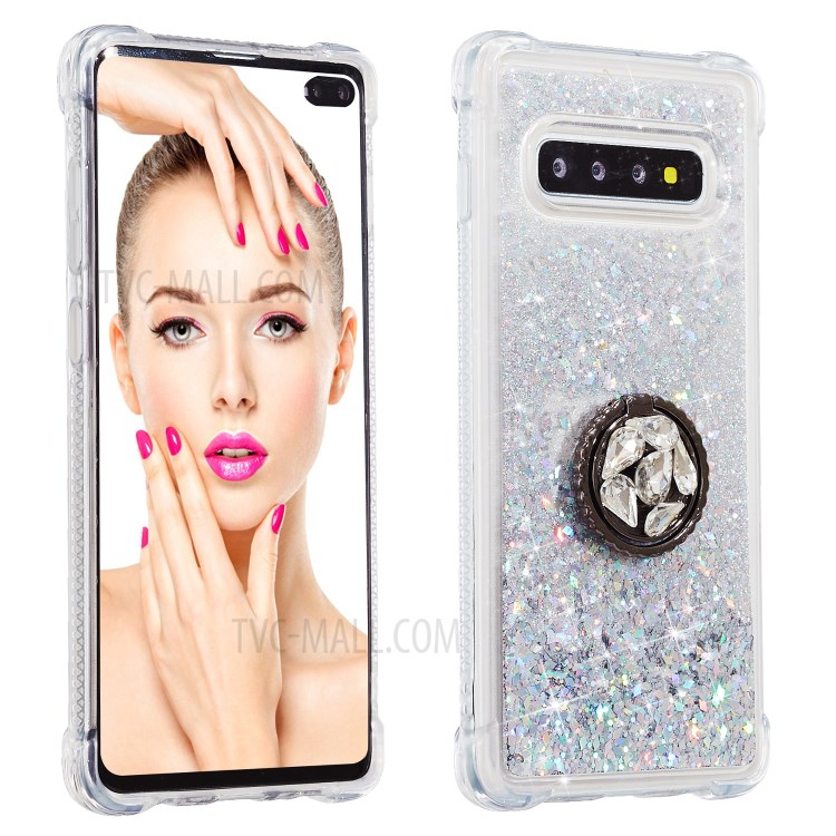 Quicksand Glitter Powder Rhinestone Decor Kickstand TPU Unique Shell for Samsung Galaxy S10 - Silver-2