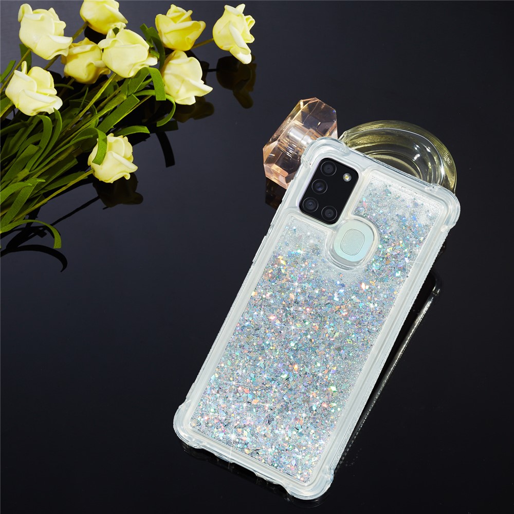 Puro Colore Glitter in Polvere e Tpu in Stile TPU Per Samsung Galaxy A21s - D'argento