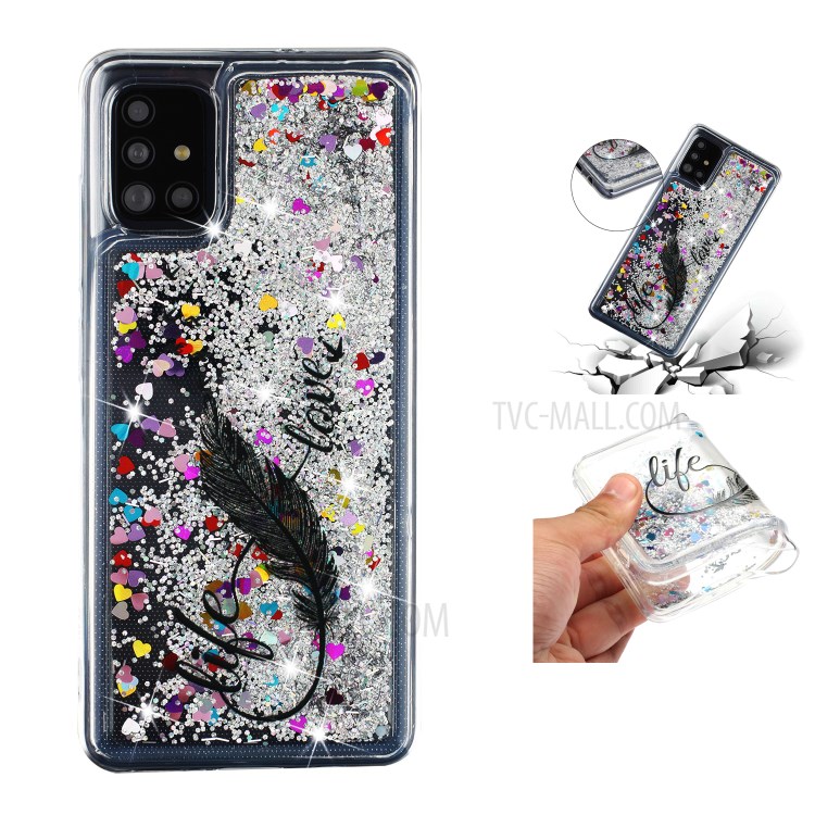 Stylish Pattern Glitter Powder Quicksand TPU Cover Phone Case for Samsung Galaxy A41 (Global Version) - Feather-1