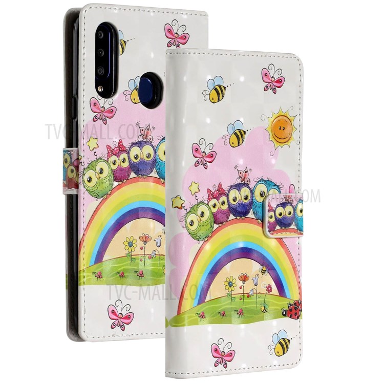 Light Spot Decor Patterned Protector Wallet Leather Case for Samsung Galaxy A20s - Rainbow and Owls-2