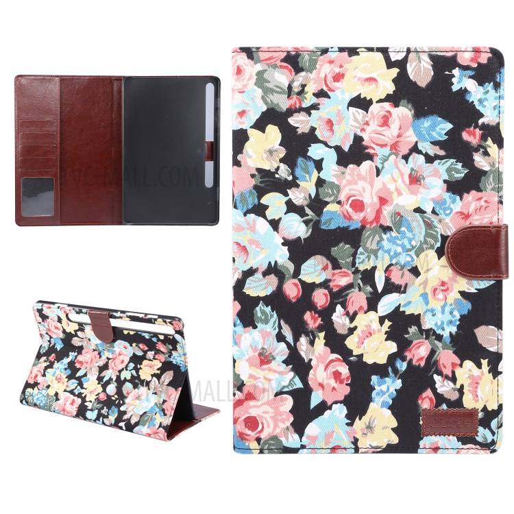 Floral Printed Cloth + PC Tablet Good-looking Case for Samsung Galaxy Tab S7 T870 - Black-1