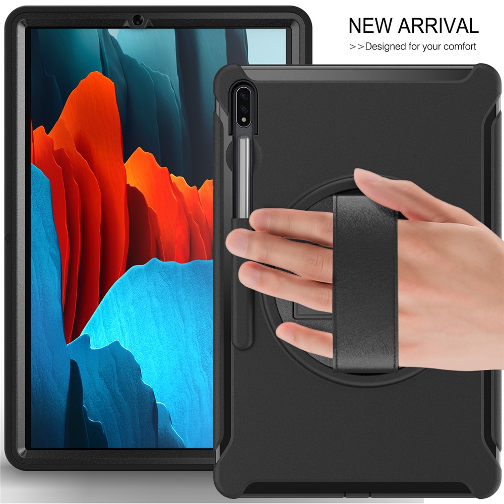 For Samsung Galaxy Tab S7 Plus 360° Swivel Kickstand PC + TPU Tablet Case with Pen Slot and Hand Strap - Black-10