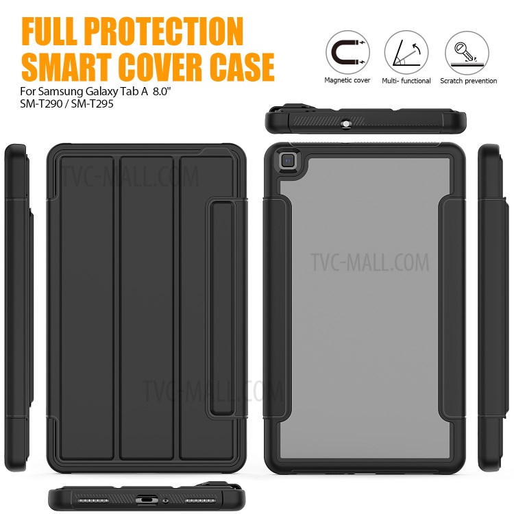Tri-fold Stand PU Leather+Acrylic+PC+TPU Smart Tablet Cover for Samsung Galaxy Tab A 8.0 Wi-Fi (2019) T290 - Black-2