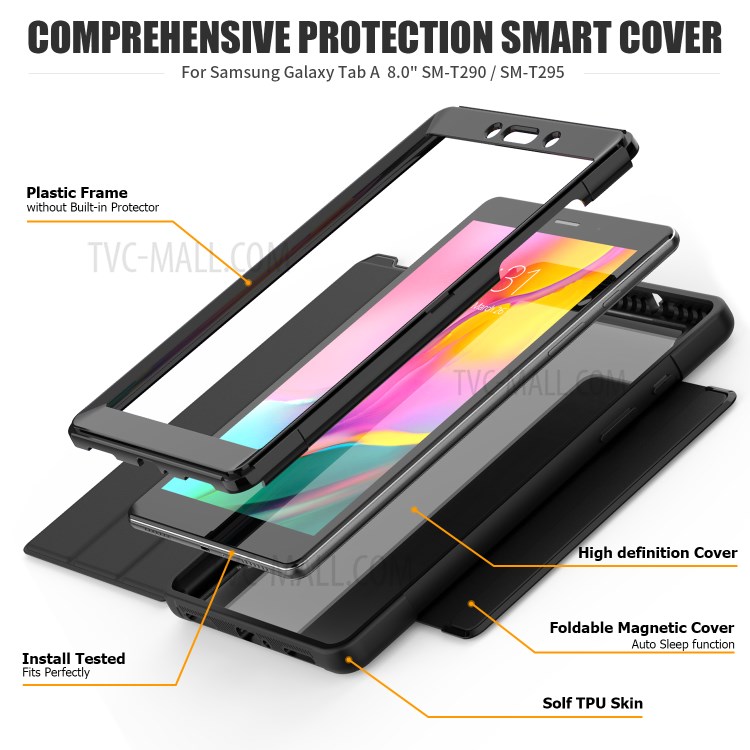Tri-fold Stand PU Leather+Acrylic+PC+TPU Smart Tablet Cover for Samsung Galaxy Tab A 8.0 Wi-Fi (2019) T290 - Black-6