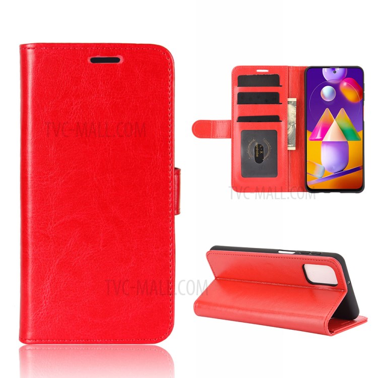 Crazy Horse Skin Leather Shell with Wallet Case for Samsung Galaxy M31s - Red-1