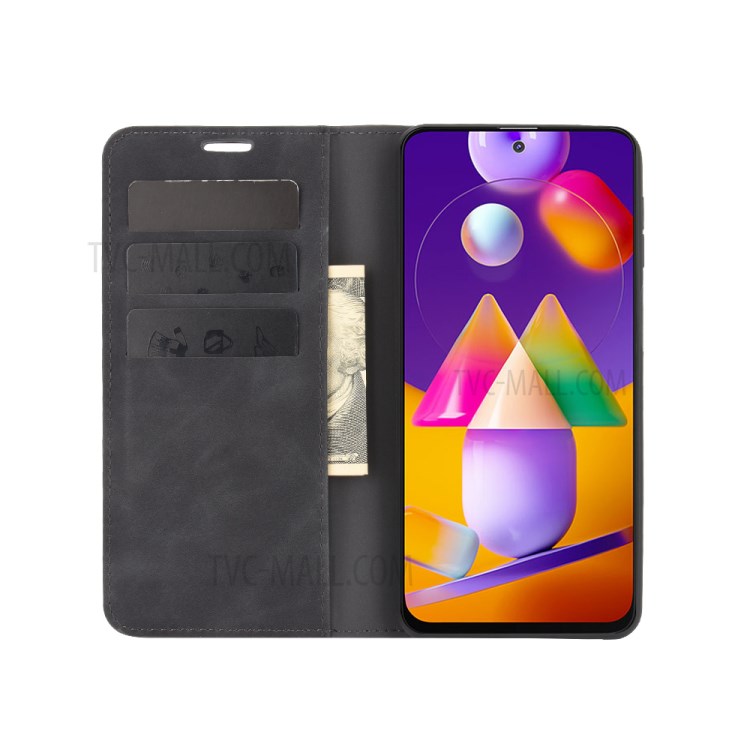 Silky Touch Flip Cover Leather Wallet Stand Phone Case for Samsung Galaxy M31s - Black-4