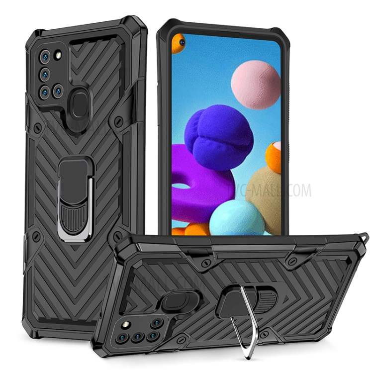 Rotatable with Finger Ring Kickstand PC + TPU Shell for Samsung Galaxy A21s - Black-1