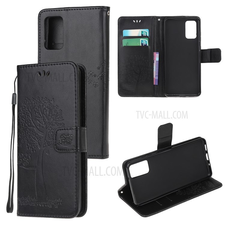 Imprint Tree Owl Wallet Leather Cover Stand Case for Samsung Galaxy S20 Lite/S20 Fan Edition - Black-1